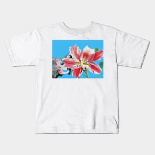 Red Oriental Lily lillies Art Floral Watercolor Painting Blue Kids T-Shirt